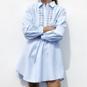 Zara Light Blue Openwork Embroidered Mini Dress